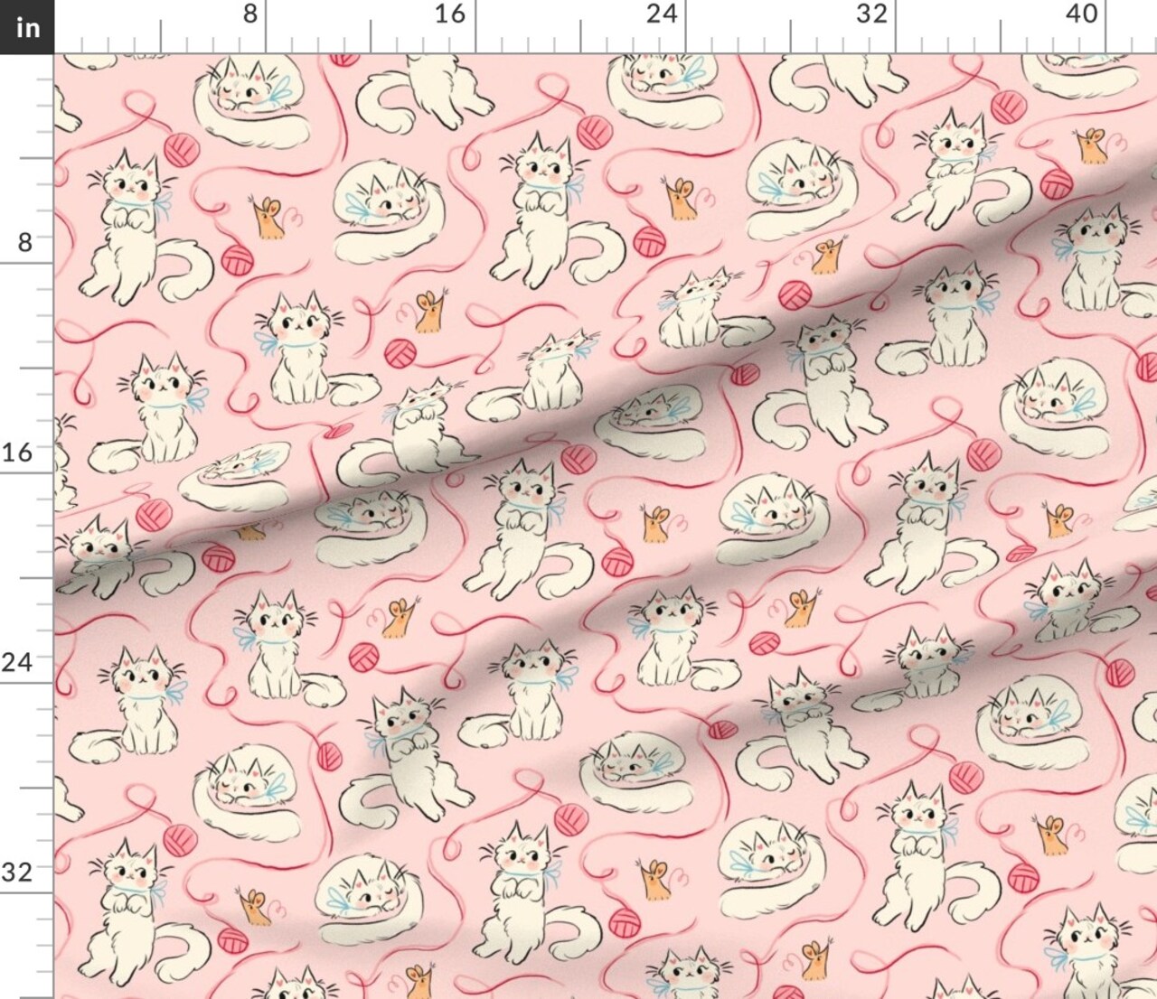 Cute Cats Pink White Knitting Mouse Kawaii Doodle Custom Printed Fabric by Spoonflower Various Fabrics by the Yard or Fat Quarter